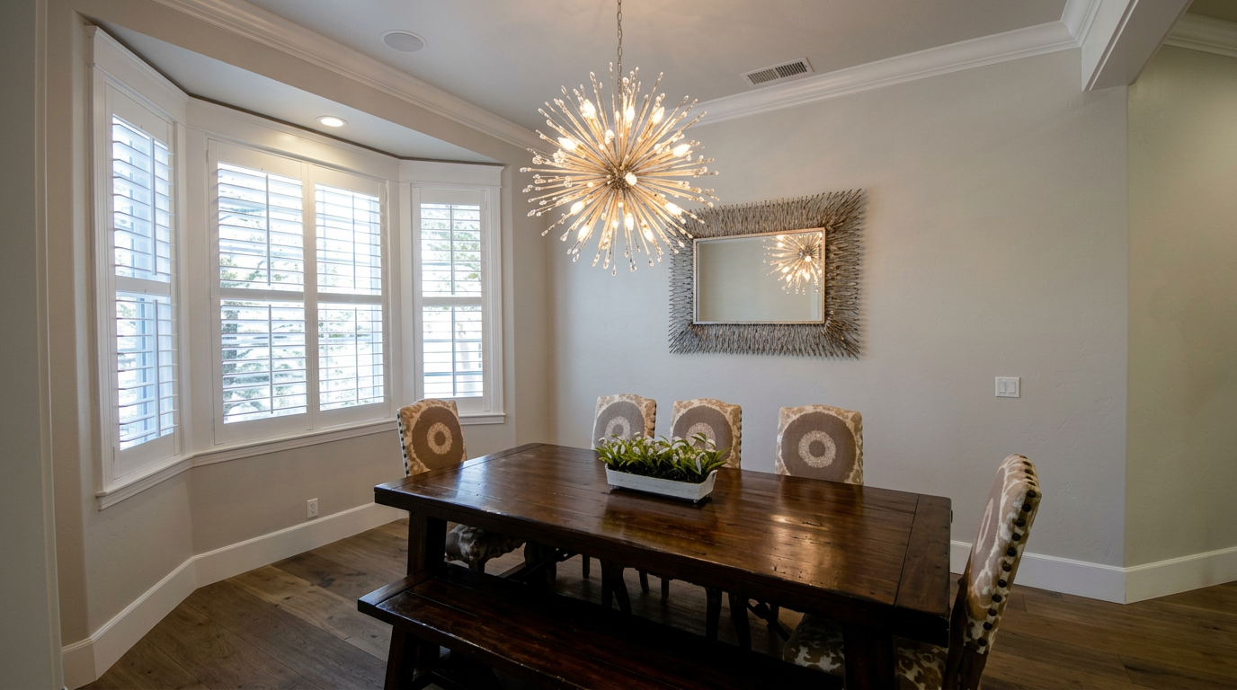 Renovated dining room with bay window and statement chandelier