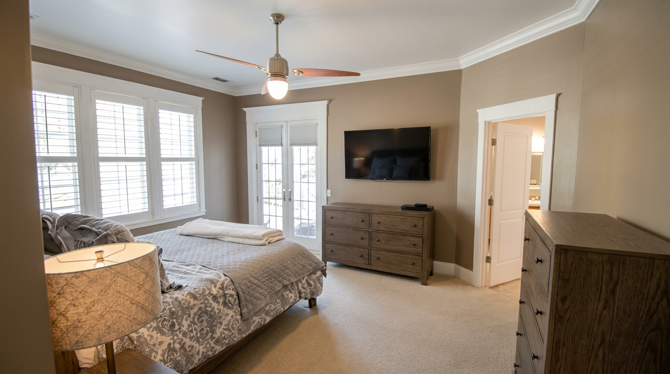Renovated primary bedroom with french doors and crown molding