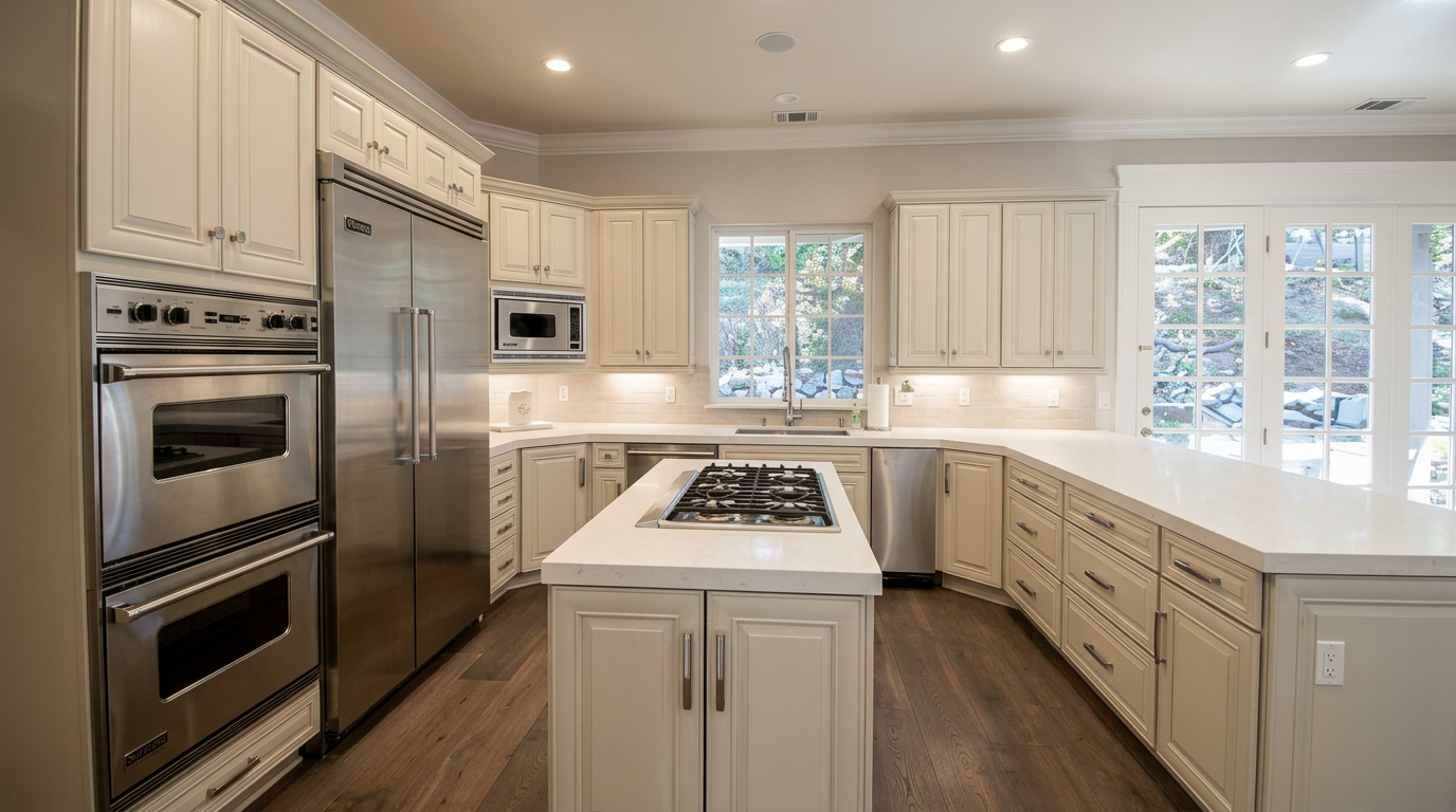 Renovated kitchen with white cabinetry and stainless appliances
