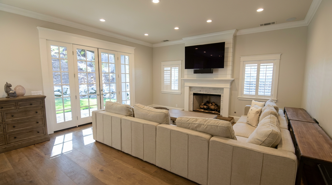 Upscale custom residential home at dusk with warm interior lights