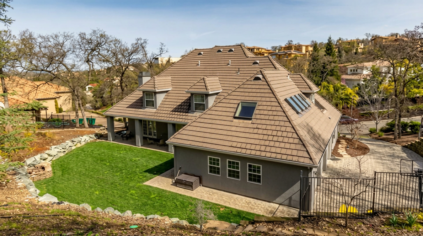 Aerial view of custom residential home with tile roof and landscaped yard